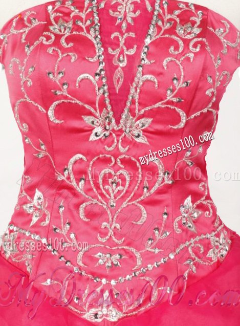 Red Layers Puffy Quinceanera Dress Decorated with Beaded Embroideries